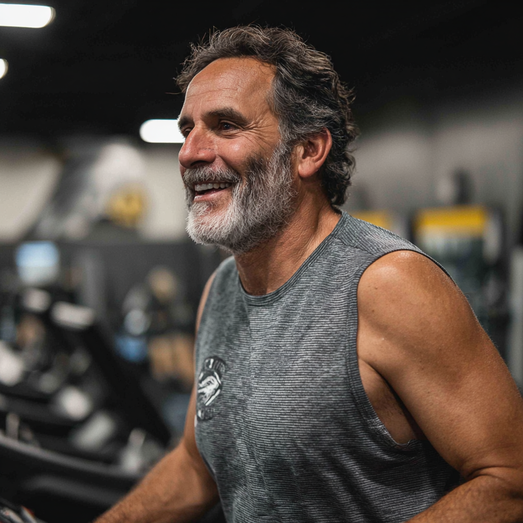 Мъж на 58 години тича на пътека в фитнес зала с усмивка на лицето