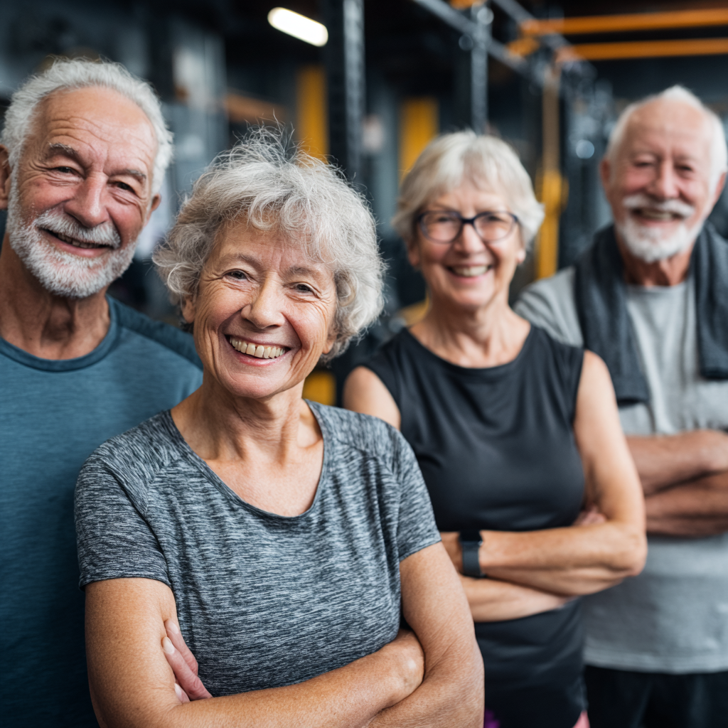 Група възрастни хора между 50-60 години се усмихват след завършена групова тренировка