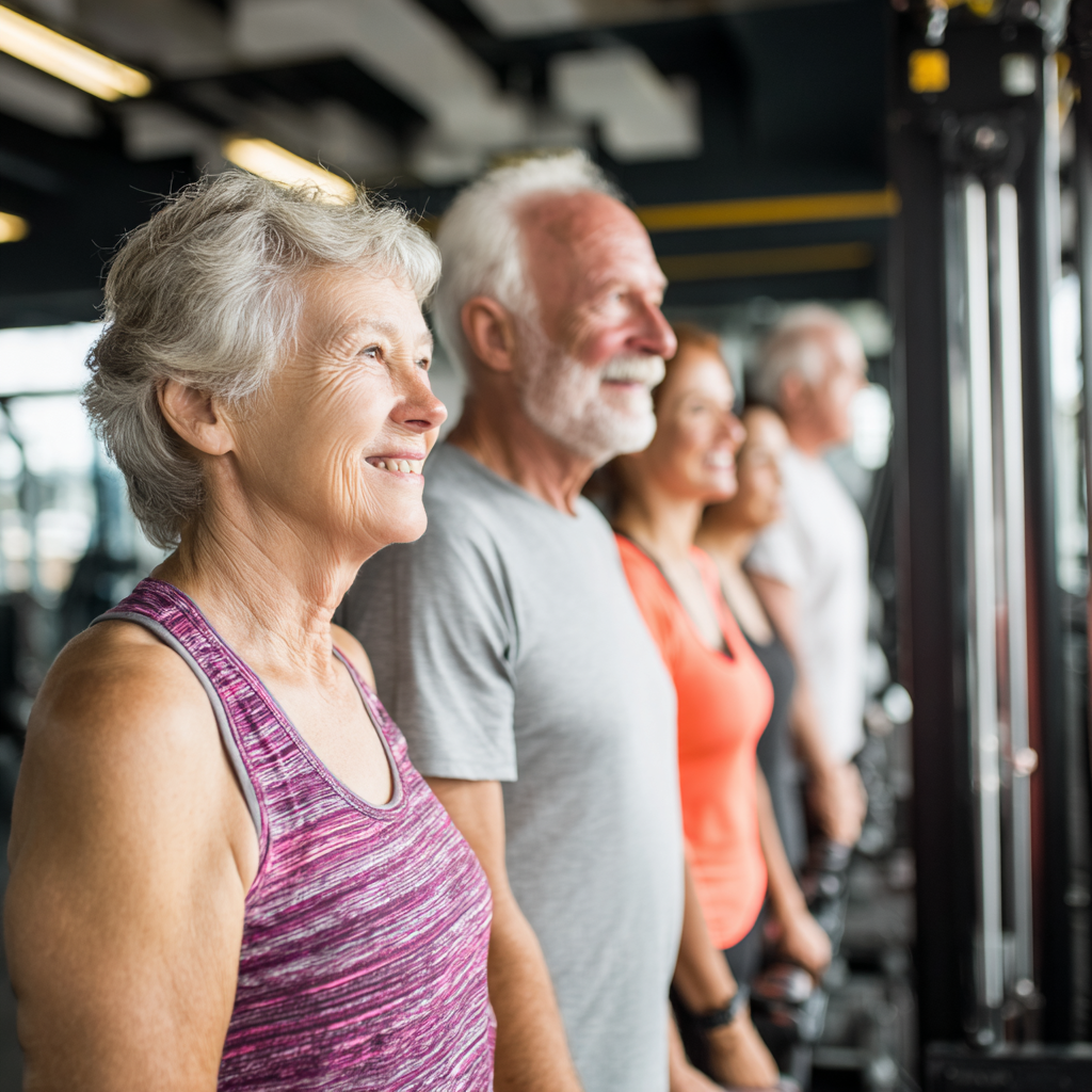 Група възрастни хора между 52-58 години правят упражнения заедно в просторна фитнес зала със съвременно оборудване