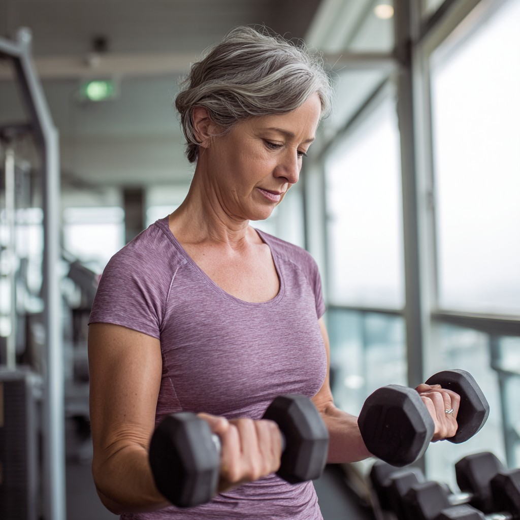Зряла жена на 55 години извършва силови упражнения с дъмбели в модерен фитнес център